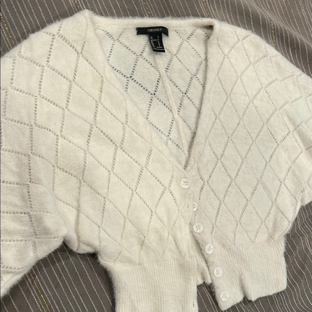 Forever 21 Off-White Diamond Pointelle V-Neck Button Cardigan